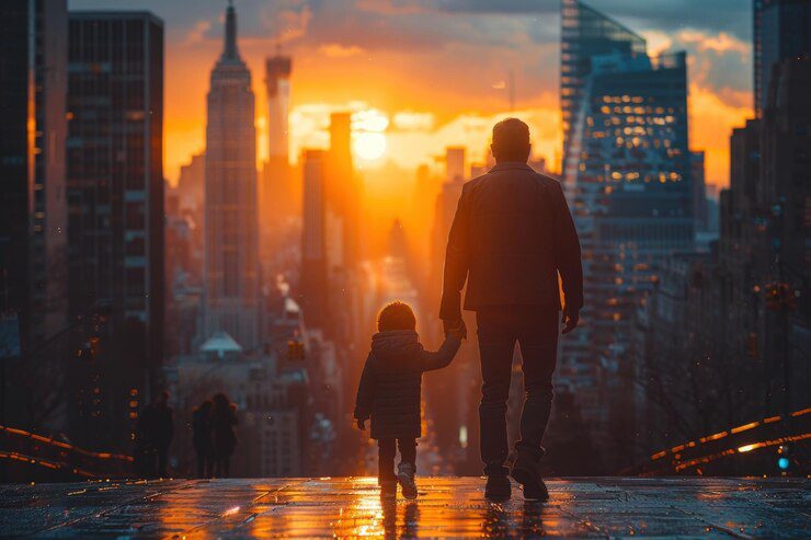 father child walking towards city skyline with sunset background