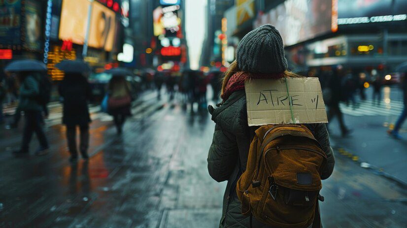 homeless woman holding sign with city pedestrians passing by