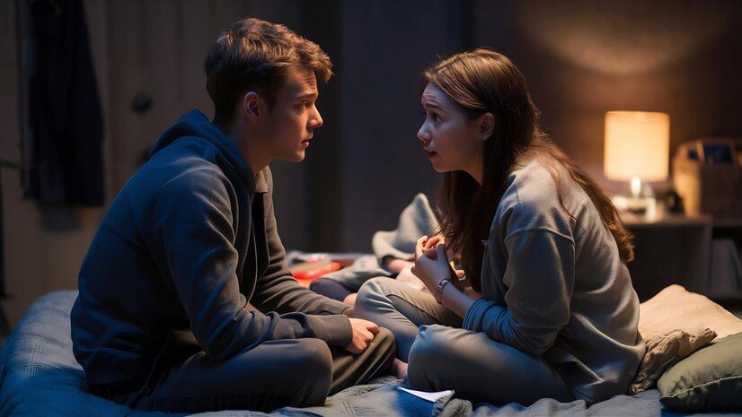 Young couple talking while having relationship problems in bedroom