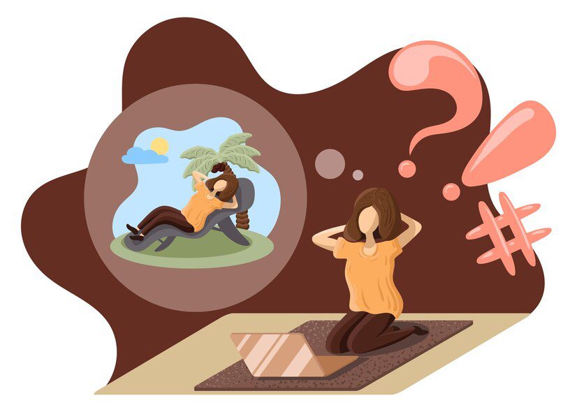 Girl works at home, dreams of a vacation at sea. Freelancer working from home on a laptop or beach