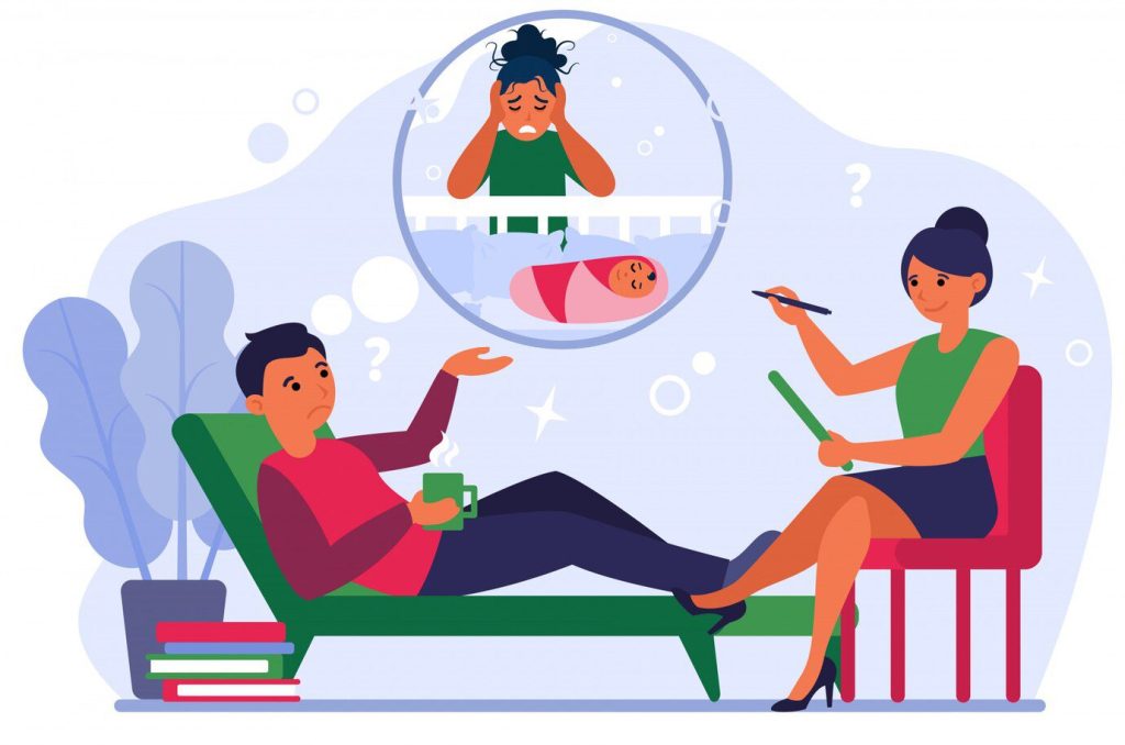 Man talking to psychotherapist about post natal depression