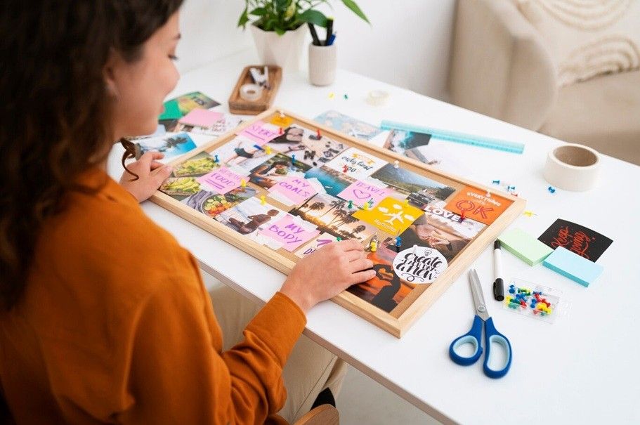 vision board - high angle of a woman creating inspiring vision board