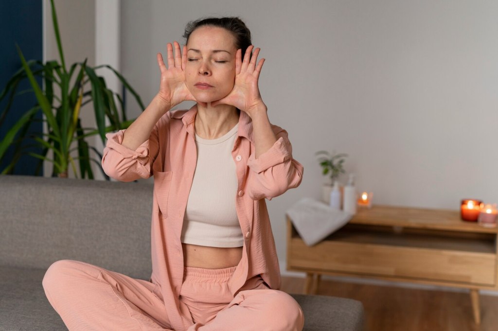 woman practicing facial yoga