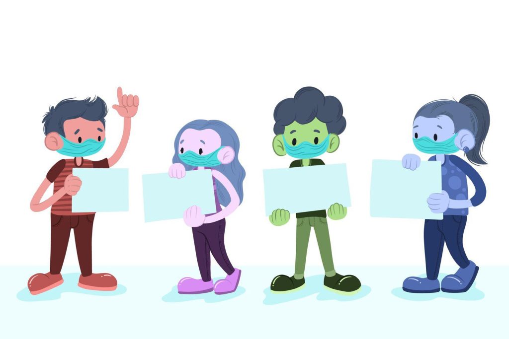 7 signs of a toxic person - Flat-hand drawn people in medical masks with placards