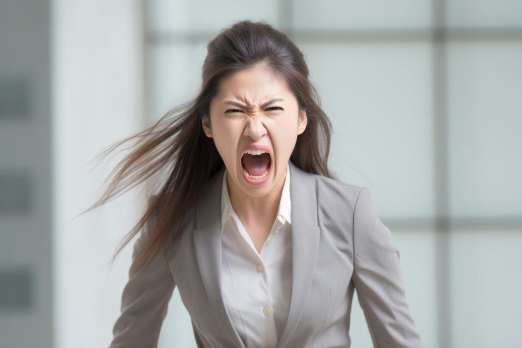 Young asian woman angry expression in a modern minimalist company