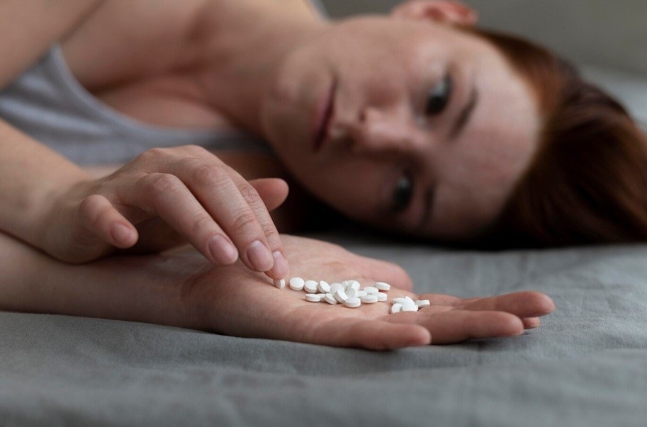 xanax addiction - depressed woman holding pills