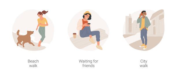 Teenage girl run with dog at seaside, beach walk, waiting for friends in town, walking in the city, listen to music vector cartoon.
