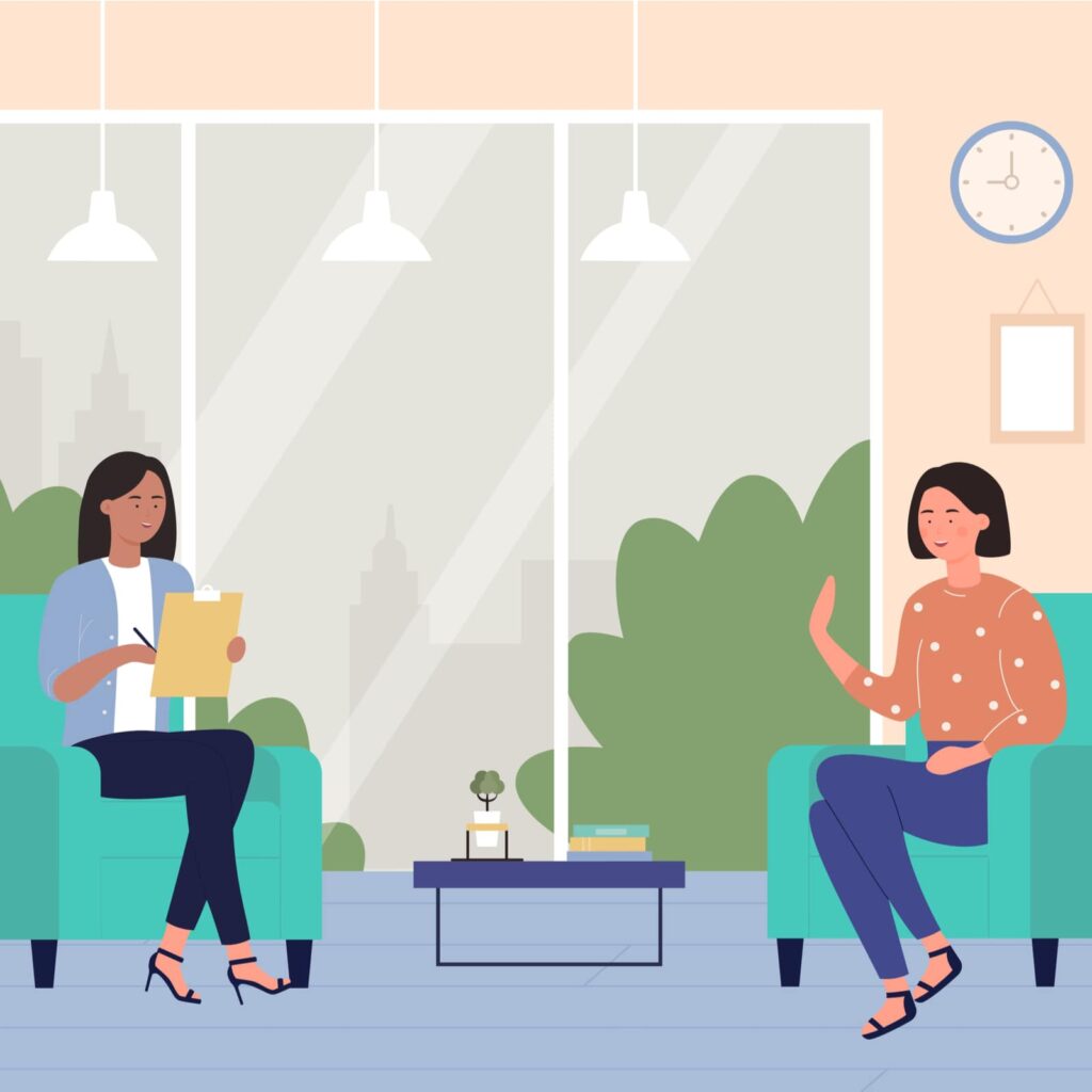 Cartoon doctor psychotherapist talking with smiling woman in office room