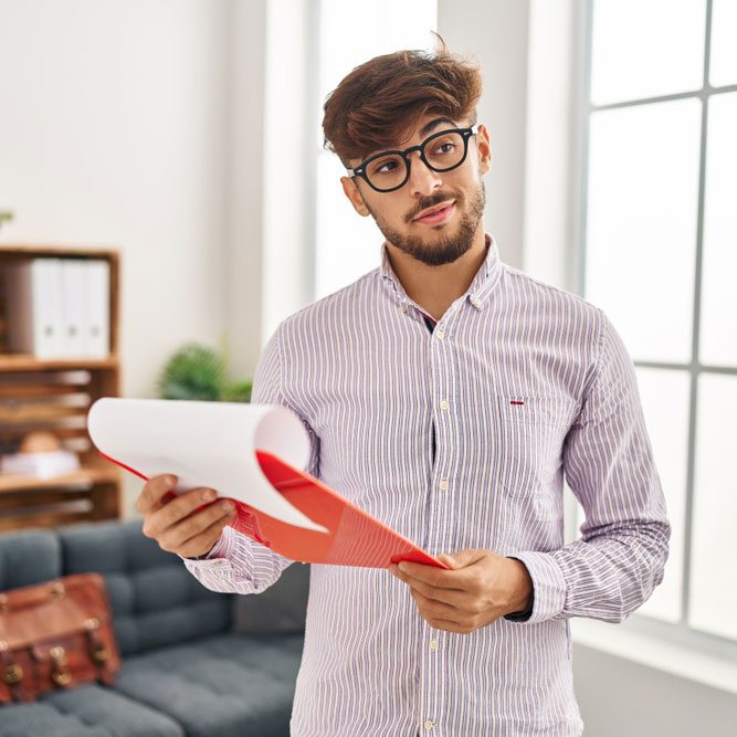 Young arab man psychologist reading document at psychology center
