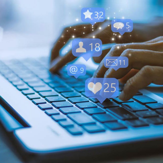 Businesswoman laptop using ,Social, media, Marketing concept / blue tone