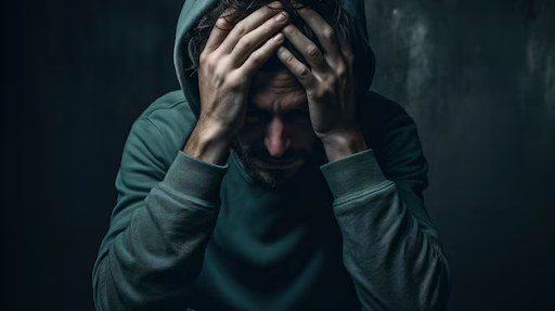 A distressed man covering his face with his hands.