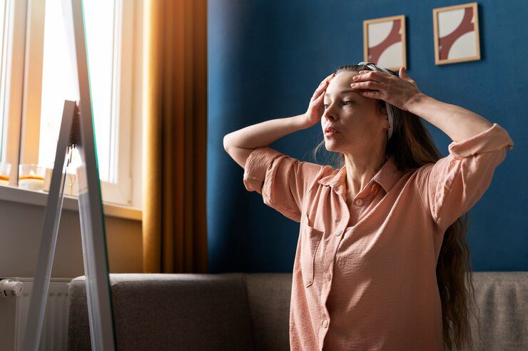 Woman practicing facial yoga, highlighting self-care strategies for managing mental health.