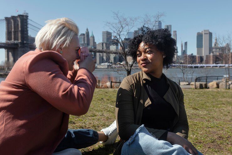 Woman taking photos with a camera outdoors.
