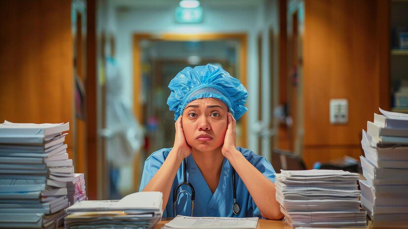 nurse blue scrubs is sitting her desk surrounded by stacks papers taking deep breaths 1167814 8168 Uncover Mental Health Counseling