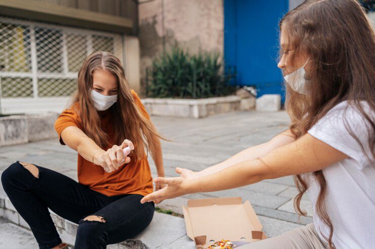 young woman disinfecting her friend s hands before eating pizza 23 2148768328 Uncover Mental Health Counseling