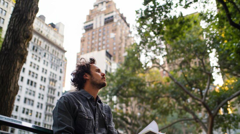 A man is sitting in front of a tree