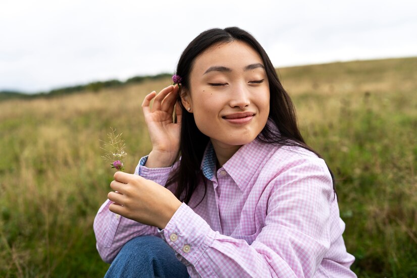 a woman smiling while holding a flower - asian american mental health