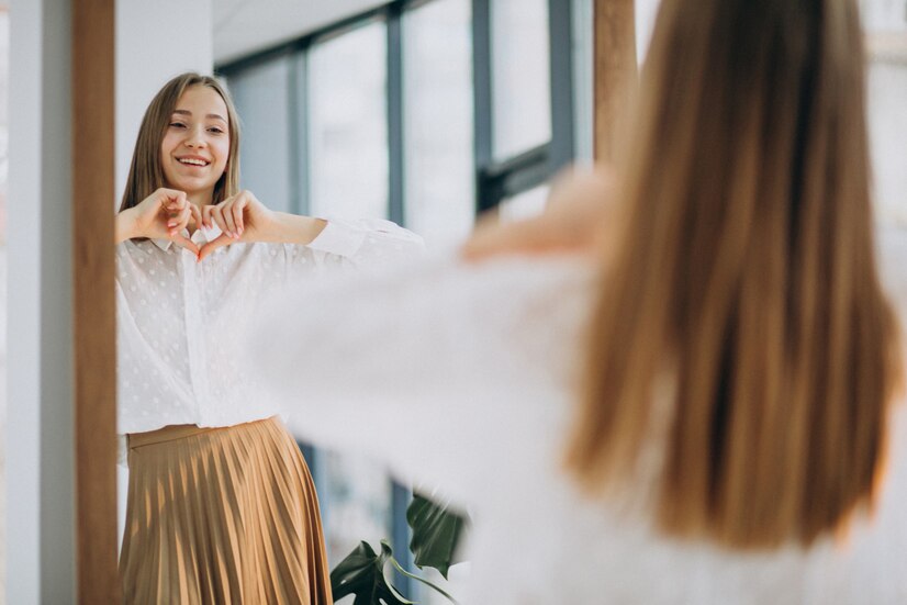 pretty young woman making heart symbol in her hand looking into the mirror